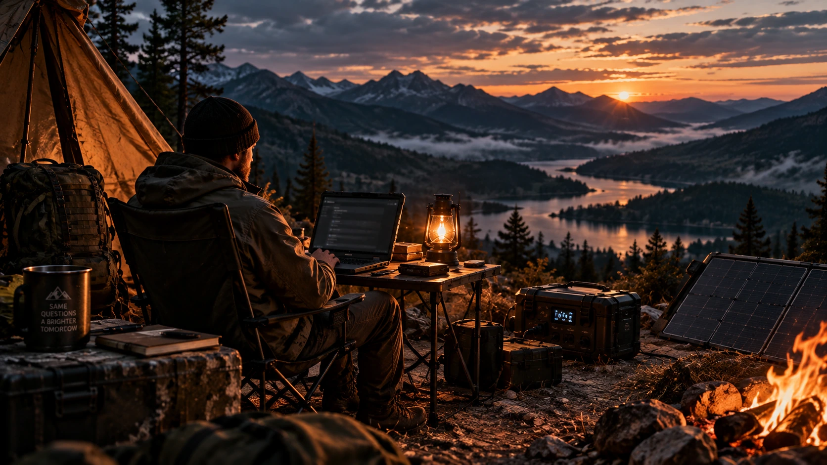 A mountain camp at dusk, with a fire and a laptop.